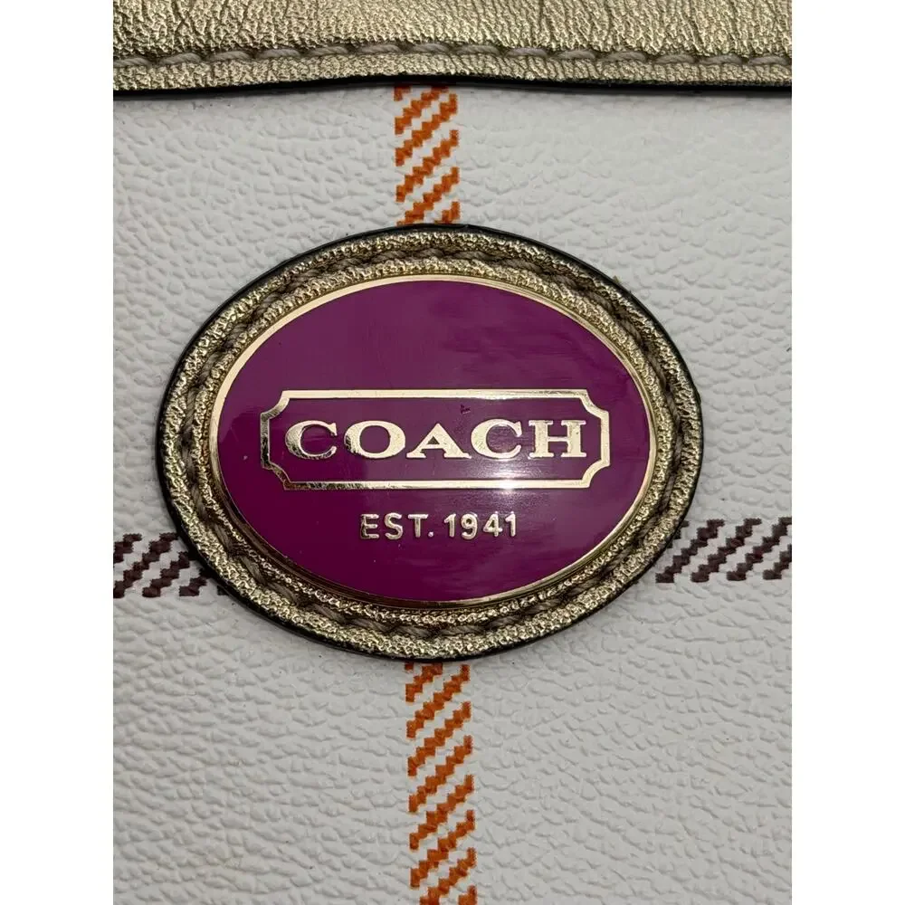 Coach Peyton Small Tattersall Plaid Tote Coated Canvas Leather Trim F48586
